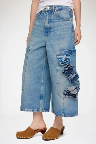 Baggy Cropped Jeans in Flower Print Denim