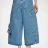 Baggy Cropped Jeans in Flower Print Denim