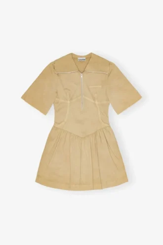 Beige Washed Stretch Cotton Mini Dress
