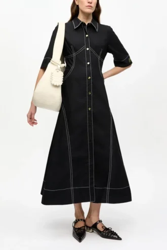 Black Cotton Poplin Shirt Dress