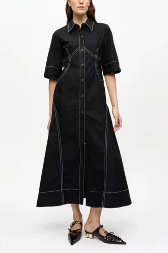 Black Cotton Poplin Shirt Dress