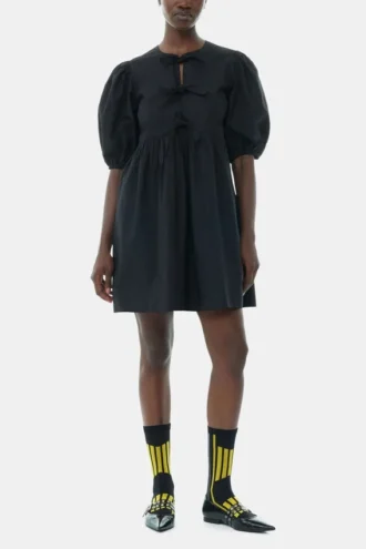 Black Cotton Poplin Tie String Mini Dress