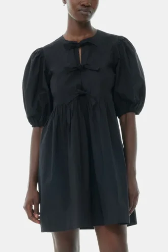 Black Cotton Poplin Tie String Mini Dress