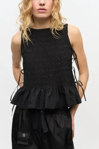 Black Cotton Smock Tie Top