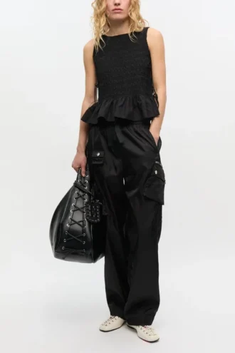 Black Cotton Smock Tie Top