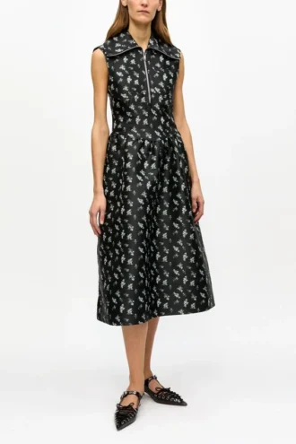 Black Floral Jacquard Midi Dress