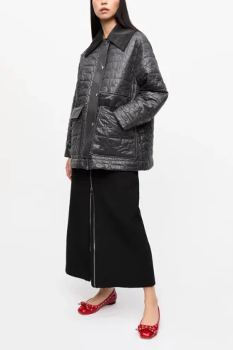 Black Shiny Quilt Midi Jacket