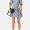 Blue Floral Printed Crinkled Satin Mini Wrap Dress