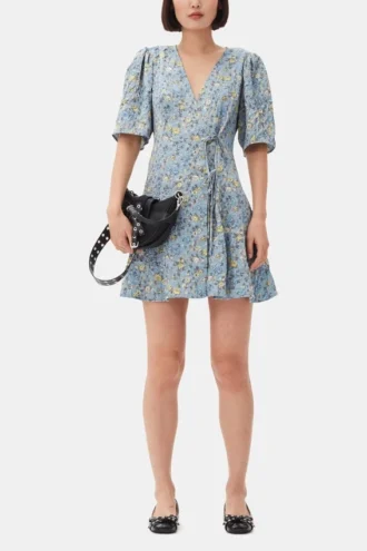 Blue Floral Printed Crinkled Satin Mini Wrap Dress