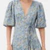 Blue Floral Printed Crinkled Satin Mini Wrap Dress