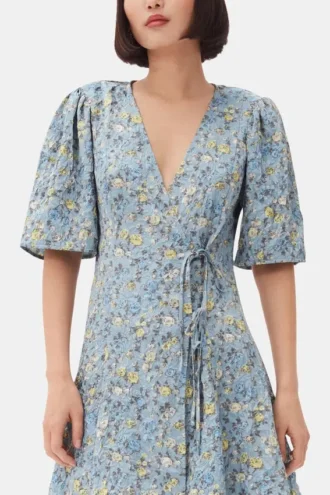 Blue Floral Printed Crinkled Satin Mini Wrap Dress