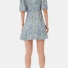 Blue Floral Printed Crinkled Satin Mini Wrap Dress