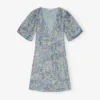 Blue Floral Printed Crinkled Satin Mini Wrap Dress