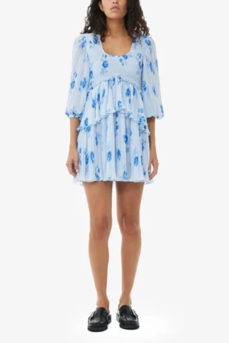 Blue Pleated Georgette Flounce Smock Mini Dress