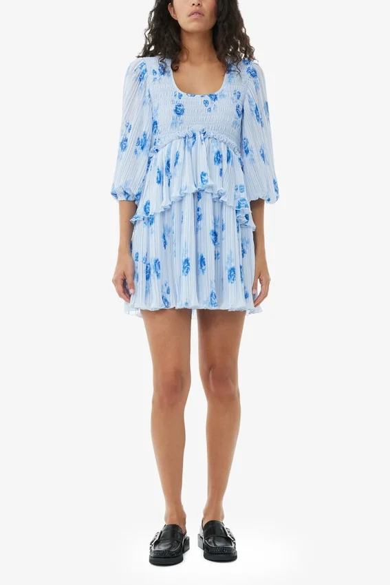 Blue Pleated Georgette Flounce Smock Mini Dress Blue Pleated Georgette Flounce Smock Mini Dress