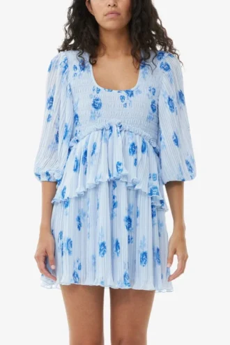 Blue Pleated Georgette Flounce Smock Mini Dress