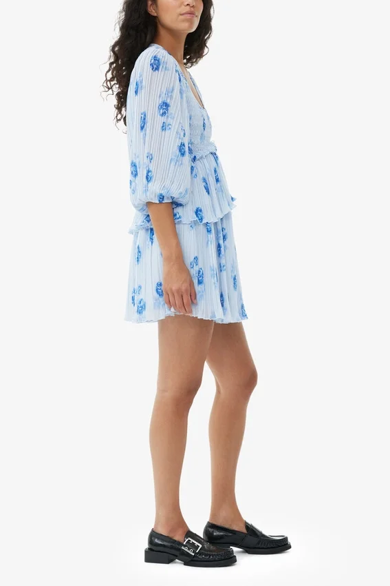 Blue Pleated Georgette Flounce Smock Mini Dress Blue Pleated Georgette Flounce Smock Mini Dress