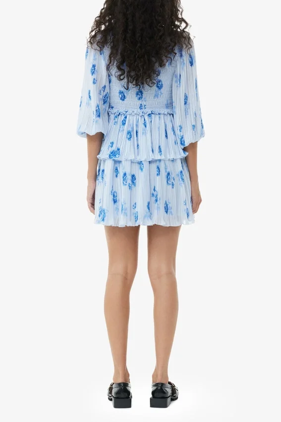 Blue Pleated Georgette Flounce Smock Mini Dress Blue Pleated Georgette Flounce Smock Mini Dress
