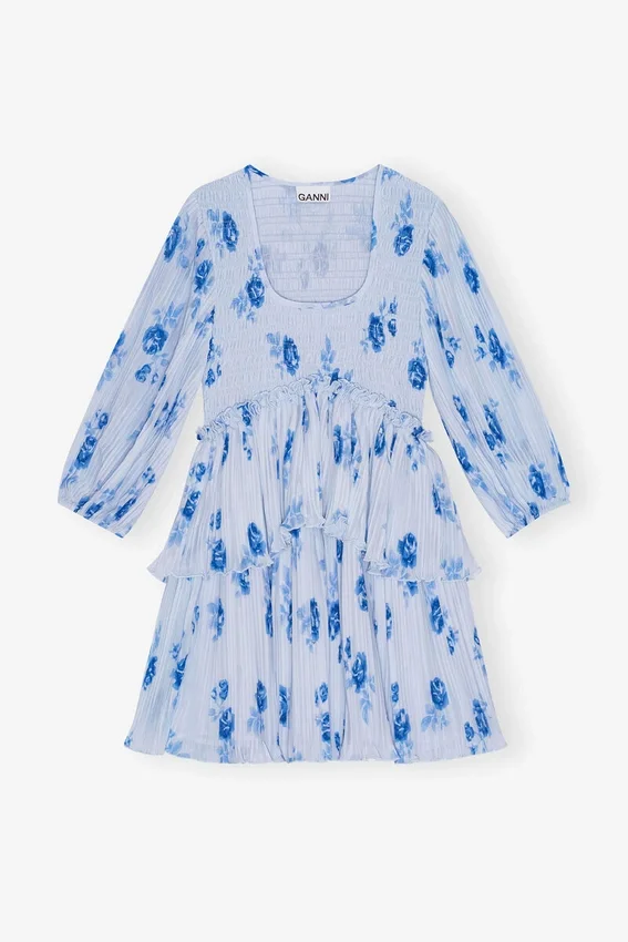 Blue Pleated Georgette Flounce Smock Mini Dress Blue Pleated Georgette Flounce Smock Mini Dress