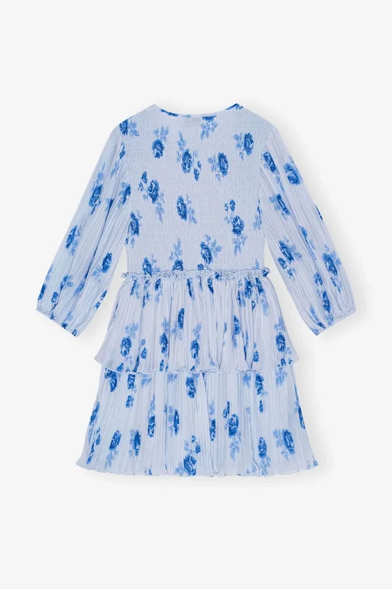 Blue Pleated Georgette Flounce Smock Mini Dress Blue Pleated Georgette Flounce Smock Mini Dress
