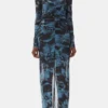 Blue Printed Mesh O-neck Ruched Long Dress Blue Printed Mesh O-neck Ruched Long Dress
