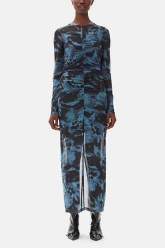 Blue Printed Mesh O-neck Ruched Long Dress