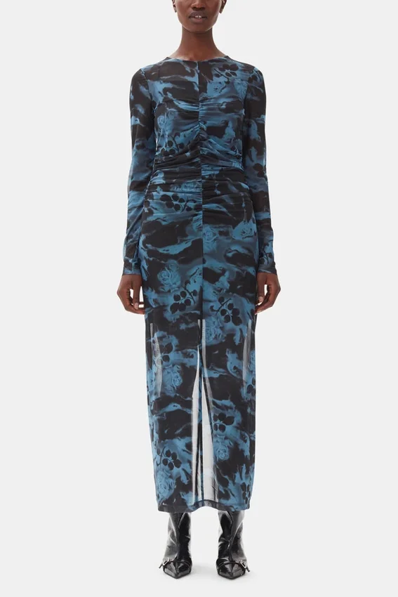 Blue Printed Mesh O-neck Ruched Long Dress Blue Printed Mesh O-neck Ruched Long Dress