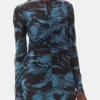 Blue Printed Mesh O-neck Ruched Long Dress Blue Printed Mesh O-neck Ruched Long Dress