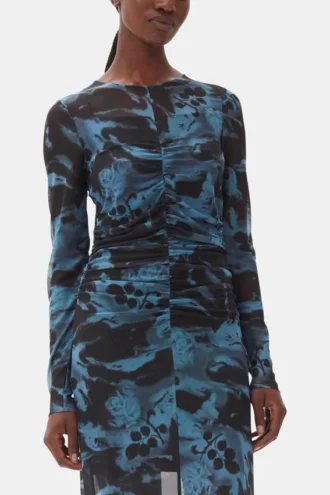 Blue Printed Mesh O-neck Ruched Long Dress