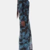 Blue Printed Mesh O-neck Ruched Long Dress Blue Printed Mesh O-neck Ruched Long Dress