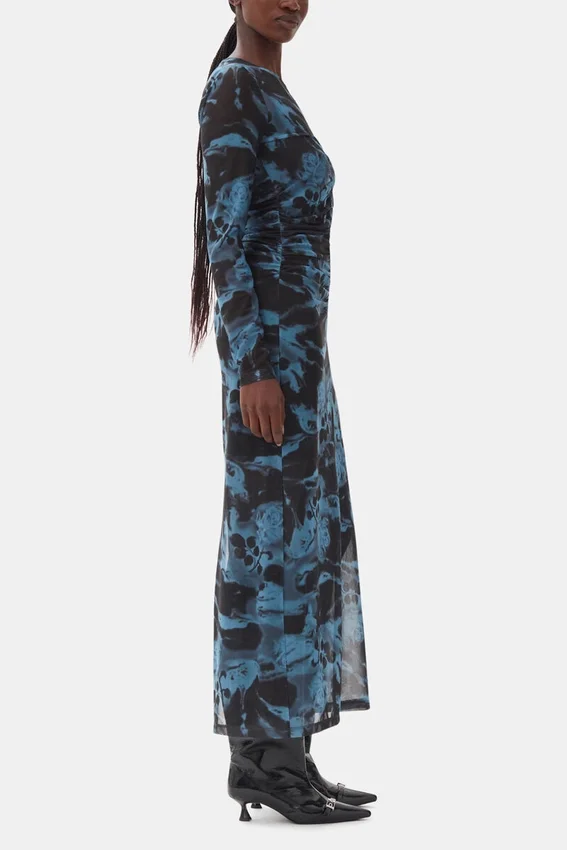 Blue Printed Mesh O-neck Ruched Long Dress Blue Printed Mesh O-neck Ruched Long Dress