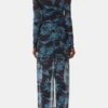 Blue Printed Mesh O-neck Ruched Long Dress Blue Printed Mesh O-neck Ruched Long Dress