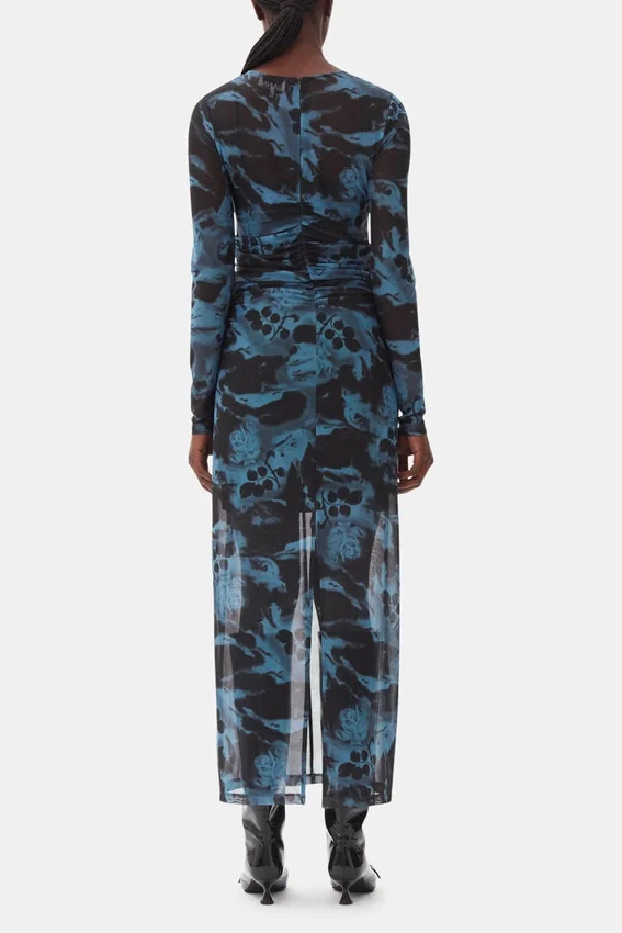 Blue Printed Mesh O-neck Ruched Long Dress Blue Printed Mesh O-neck Ruched Long Dress