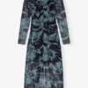 Blue Printed Mesh O-neck Ruched Long Dress Blue Printed Mesh O-neck Ruched Long Dress