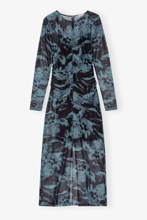 Blue Printed Mesh O-neck Ruched Long Dress Blue Printed Mesh O-neck Ruched Long Dress