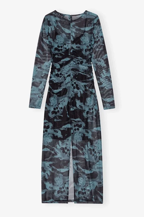 Blue Printed Mesh O-neck Ruched Long Dress Blue Printed Mesh O-neck Ruched Long Dress