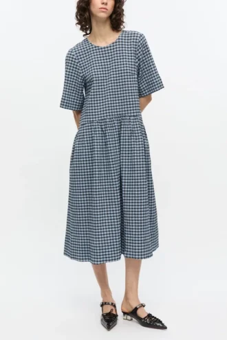 Blue Seersucker Check Midi Dress