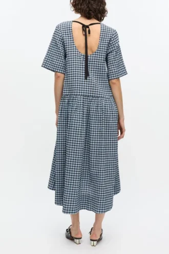 Blue Seersucker Check Midi Dress