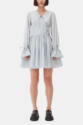 Blue Stripe Cotton Mini Wrap Dress