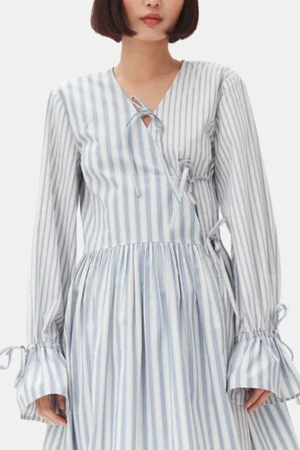 Blue Stripe Cotton Mini Wrap Dress
