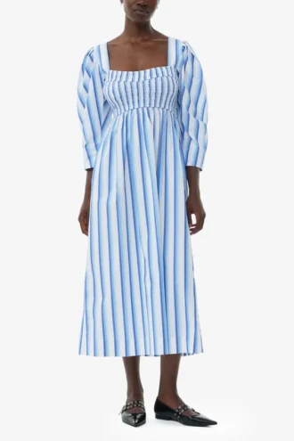 Blue Striped Cotton Smock Long Dress