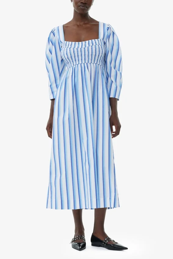 Blue Striped Cotton Smock Long Dress Blue Striped Cotton Smock Long Dress