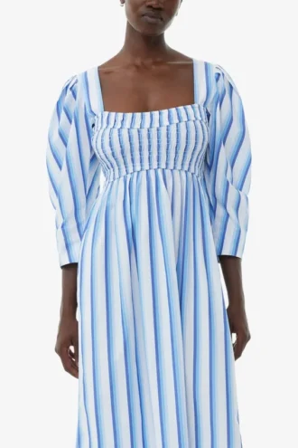 Blue Striped Cotton Smock Long Dress