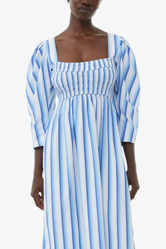 Blue Striped Cotton Smock Long Dress Blue Striped Cotton Smock Long Dress