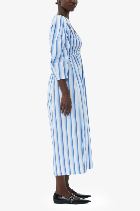 Blue Striped Cotton Smock Long Dress Blue Striped Cotton Smock Long Dress