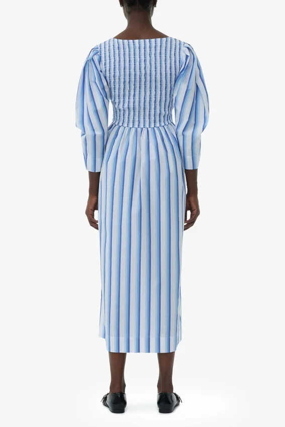 Blue Striped Cotton Smock Long Dress Blue Striped Cotton Smock Long Dress
