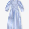 Blue Striped Cotton Smock Long Dress Blue Striped Cotton Smock Long Dress