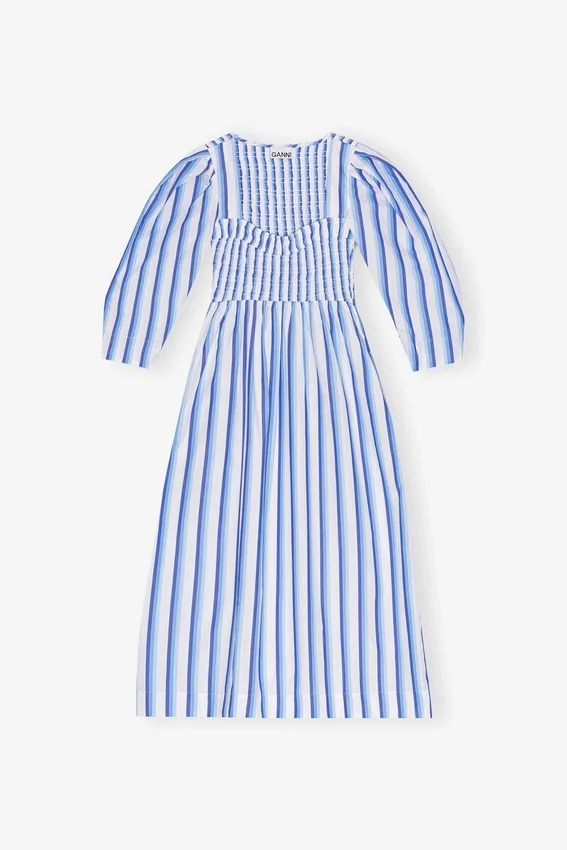 Blue Striped Cotton Smock Long Dress Blue Striped Cotton Smock Long Dress