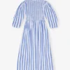 Blue Striped Cotton Smock Long Dress Blue Striped Cotton Smock Long Dress
