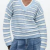 Blue Striped Cotton V-neck Sweater
